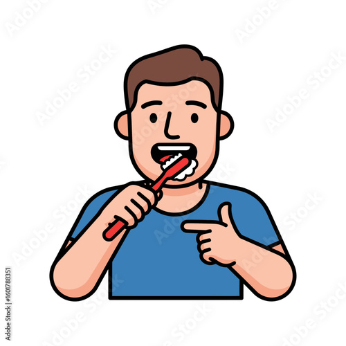Illustration of a man brushing his teeth with a red toothbrush and foam. Concept for dental hygiene, morning routine and personal care