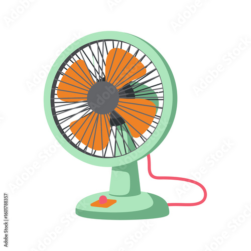 Illustration of a mint-green retro electric fan with orange blades and a red cord on a white background, concept for summer heat relief, cooling appliance promotion, and vintage design element.