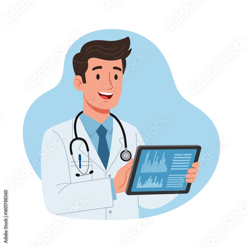 Smiling male doctor in white coat holding a digital tablet displaying charts, concept for medical consultation, healthcare application and telemedicine service. Confident medical professional and