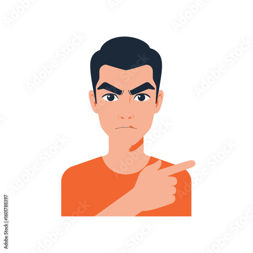 Illustration of a man with furrowed brow pointing his finger to the right, concept for presentation background, marketing campaign and persuasive communication.