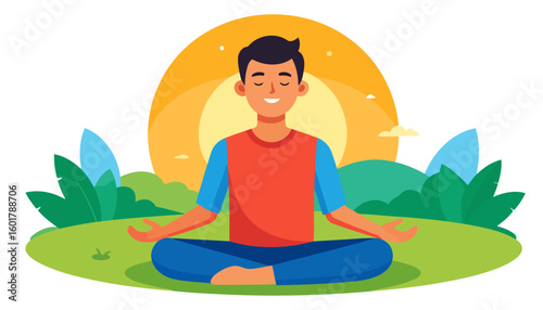 A serene young man with closed eyes meditating in a lotus pose, wearing a red and blue shirt.