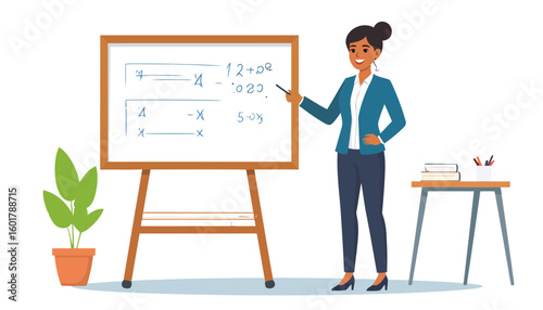 Smiling female teacher in a blue blazer and bun hairstyle pointing at a whiteboard during a lesson.