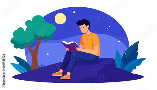 Young man with black hair in an orange shirt, sitting and reading a purple book.