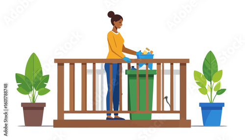 Smiling woman with a hair bun sorting recyclable waste from a blue container into a green bin on a balcony.
