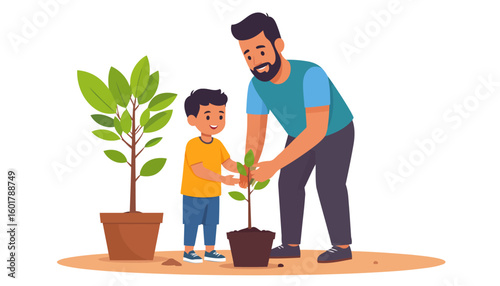 A caring father and his young son happily planting a small green sapling together in a pot, showing a moment of family bonding and environmental education.