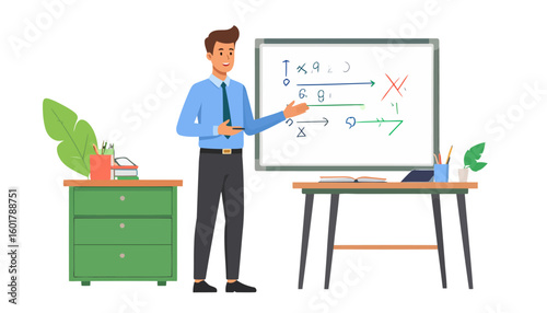 A smiling male teacher in a blue shirt and tie gesturing towards a whiteboard during a lesson, explaining a concept with diagrams.