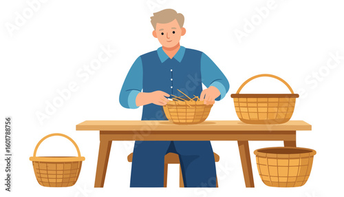Young craftsman in a blue shirt weaving a traditional wicker basket at a wooden table, surrounded by his handmade creations.
