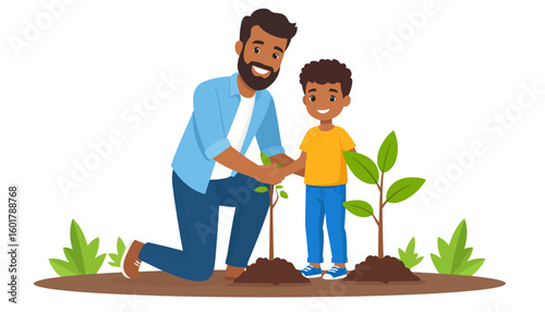 Happy bearded father and his young son planting green saplings together, a family gardening activity.