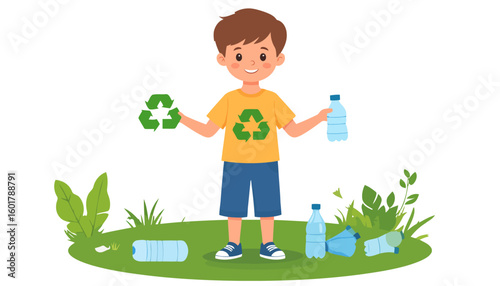 Smiling cartoon boy in a yellow shirt with a recycling logo, holding a plastic bottle and a green recycle symbol.