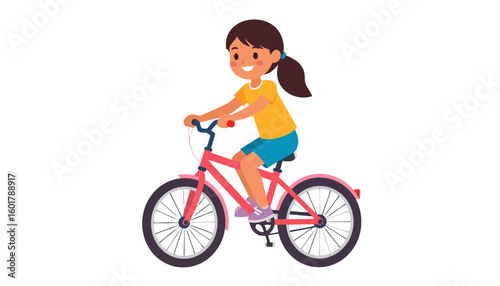 Smiling cartoon girl with a dark ponytail riding a pink bicycle, side view illustration.