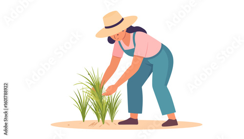 A female farmer wearing a straw hat and blue overalls, bent over while planting young green rice shoots.