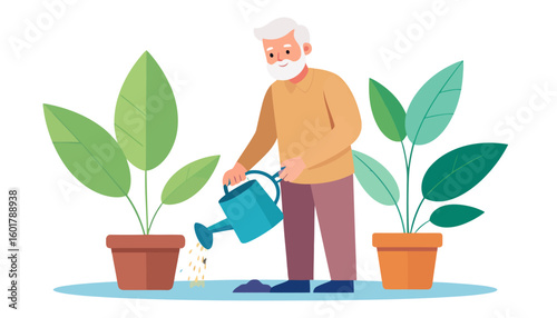 Smiling elderly man with a white beard watering potted houseplants with a blue watering can.