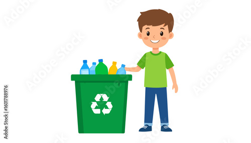 Happy cartoon child with brown hair recycling plastic waste in a green container.