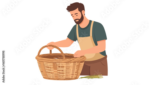 Illustration of a bearded man in an apron holding a large, empty woven wicker basket.
