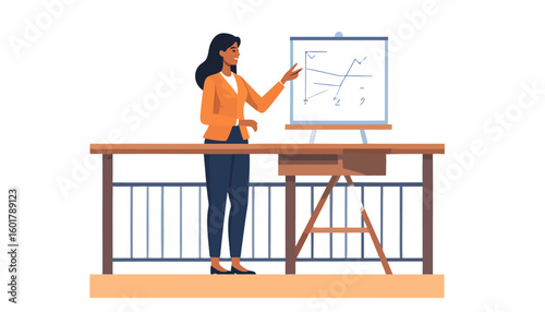 Professional woman in an orange blazer presenting a business chart on a whiteboard easel.