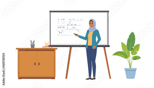 Professional Muslim woman in a blue hijab and blazer presenting a chart on a whiteboard.
