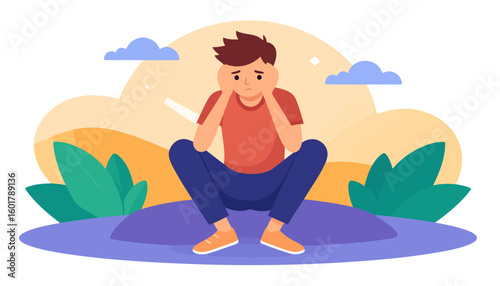 Flat vector illustration of a sad, anxious young man with brown hair, sitting with his head in his hands.