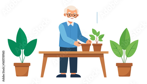 Cheerful elderly man with a white beard and glasses tending to his potted houseplants at a wooden table.