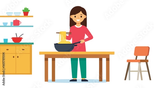 Cheerful woman with brown hair cooking noodles, lifting them from a wok with chopsticks.