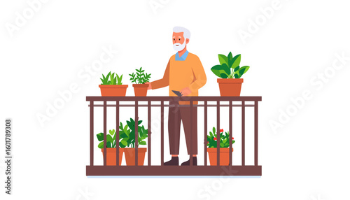 Elderly man with a white beard and orange sweater tending to his balcony garden.