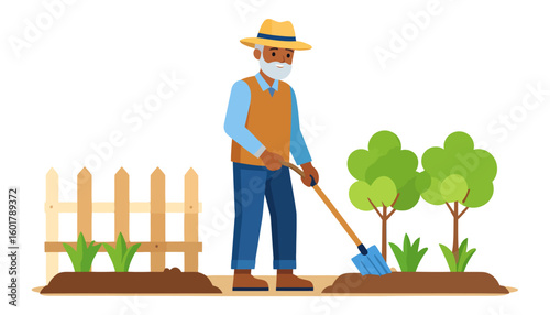 Smiling senior man with a white beard and straw hat digging soil in a garden with a shovel.