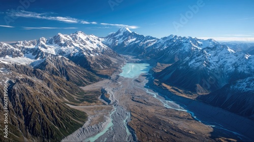 Majestic Aerial View of Snow-Capped Mountains and Glacial River in Stunning Alpine Landscape Under Clear Blue Sky