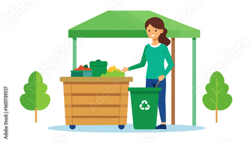 Smiling woman in a green sweater sorting waste into a recycling bin at an outdoor stall.