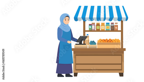 Muslim woman in a blue hijab and apron working at a local fruit and grocery market stall.