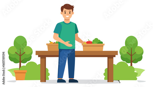 Cheerful young man with brown hair in a green shirt standing at a market stall with baskets of fresh fruits and vegetables.
