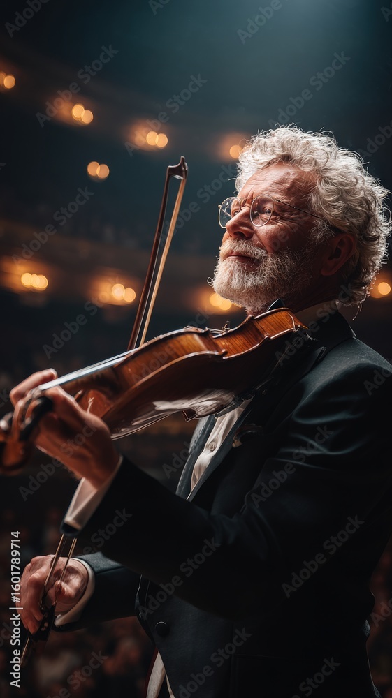 Fototapeta premium close-up, elderly male violinist performing on stage, passionate expression, elegant suit, dramatic concert lighting, blurred audience, authentic, cinematic