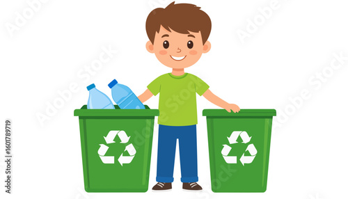 Happy cartoon boy with brown hair recycling plastic bottles into green bins with a white recycling symbol.