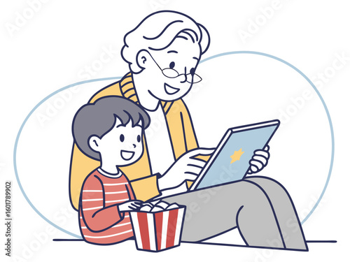 Grandparent and grandchild enjoy a movie together with popcorn