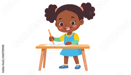 Happy African American girl with puffy pigtails writing at a wooden desk.