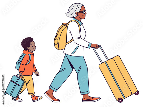 Grandmother and grandson traveling together with luggage