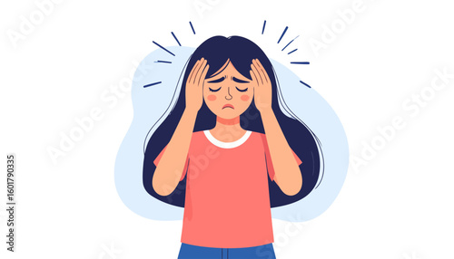 Stressed young woman with long dark hair clutching her head, suffering from a severe headache or migraine, showing pain and sadness.
