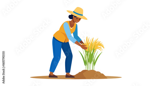 Smiling female farmer with dark skin wearing a straw hat and orange vest, harvesting golden rice or wheat.