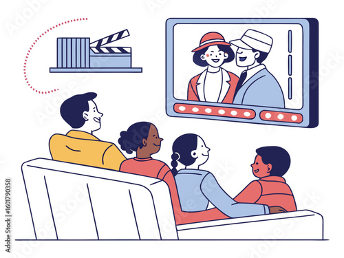 Diverse family enjoys watching a movie together on a couch