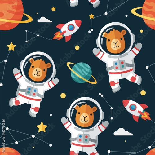 Cute llamas in spacesuits, seamless pattern for kids' apparel or space-themed projects.