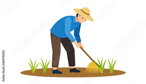 Male farmer in a blue shirt and straw hat tending to young plants with a rake.