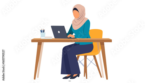 Flat vector illustration of a professional Muslim woman in a hijab typing on a laptop computer at her desk.