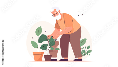 Smiling senior man with white hair and glasses lovingly tending to his potted houseplants.