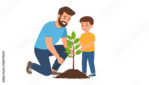 A smiling bearded father and his young son happily planting a green sapling together.