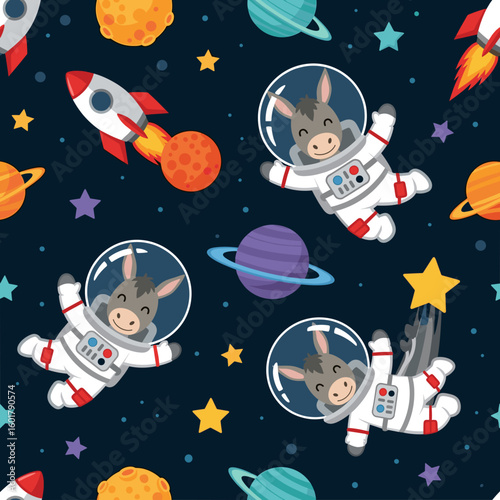 Cute Donkeys in Space: A whimsical seamless pattern featuring adorable astronaut donkeys, perfect for children's products, fabric, or space-themed designs.