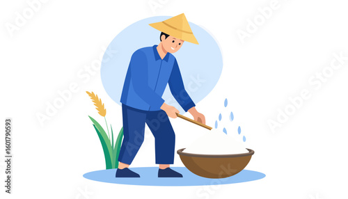 Smiling Asian farmer in a traditional conical hat, dressed in blue, sifting rice in a large brown bowl.
