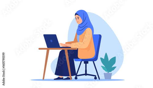 Muslim woman in a blue hijab and orange shirt working on a laptop at a desk, smiling.