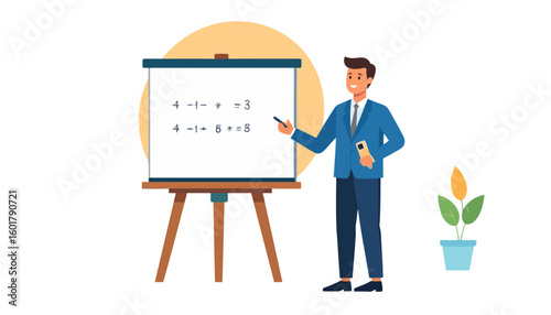 Smiling man in a blue suit presenting a math lesson at a whiteboard.