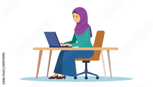 Muslim woman in a purple hijab and modest clothing working on a laptop at a desk, side view.