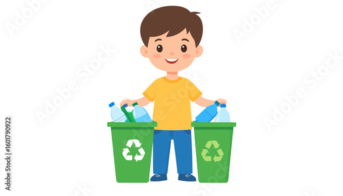 Smiling cartoon boy with brown hair sorting plastic bottles into two green recycling bins.
