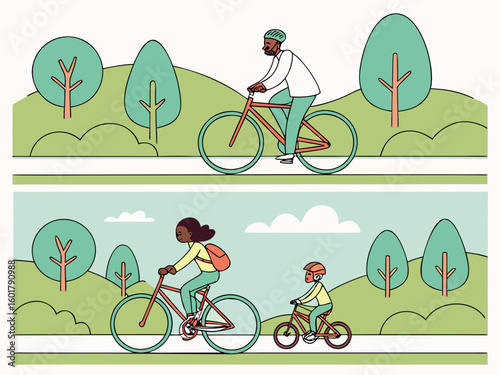 People cycling through a park on a sunny day