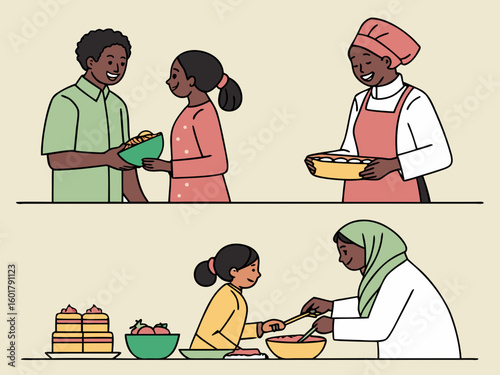 Diverse family members happily preparing food together in a kitchen
